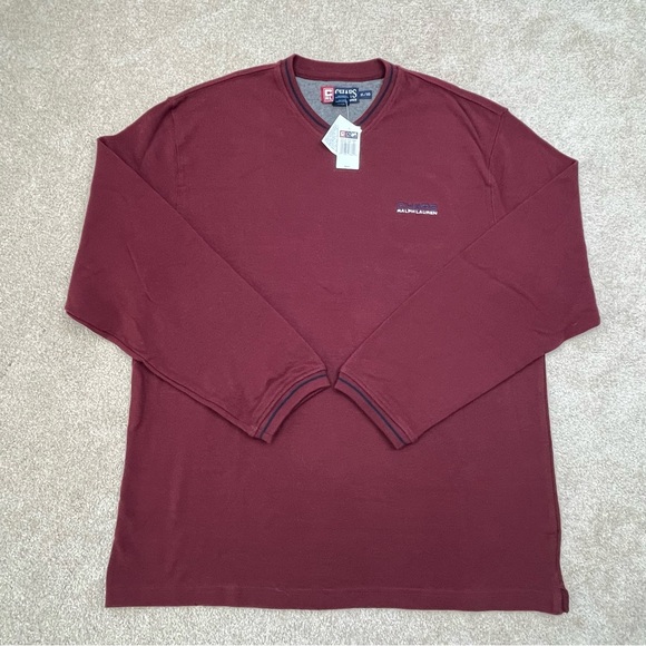 Vintage Chaps Ralph Lauren Sweater Adult XL Maroon V-Neck Blue Trim Casual Men - Picture 1 of 13